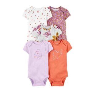 Carter's 5 Pack Girls Short Sleeved Cotton Bodysuits Set- Multicolour