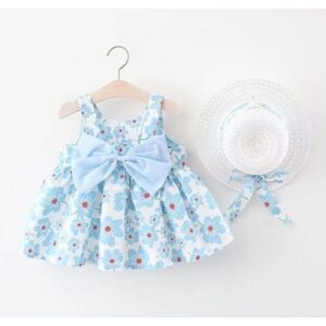 Sleeveless Baby Girl 2-piece Set With Visor—Blue Floral Set