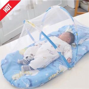 Foldable Baby Bed With Mosquito Net + Pillow Cushion, Portable Baby Travel Bed - Blue